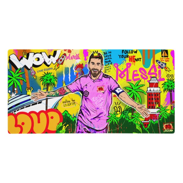 Lionel Messi gaming pad, 36 by 18 inches, Messi celebrating with vibrant Miami background
