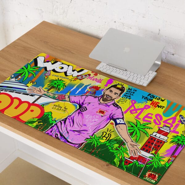 Lionel Messi gaming pad, 36 by 18 inches, Messi celebrating with vibrant Miami background