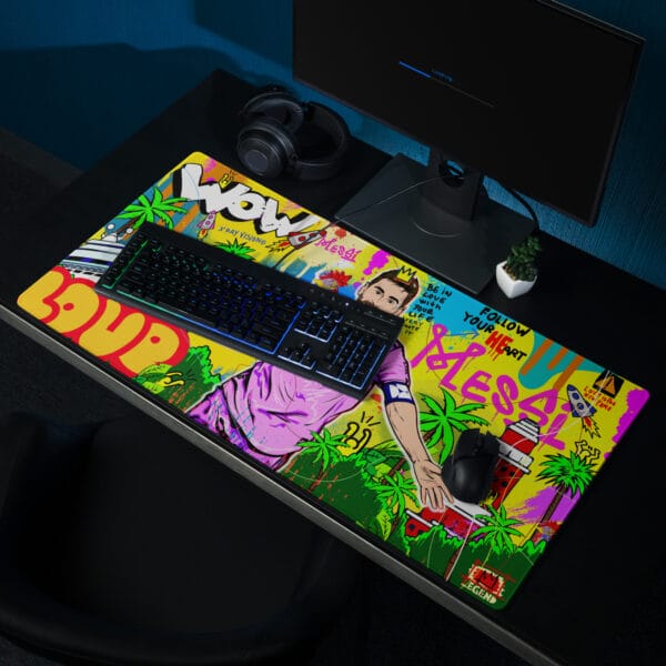 Lionel Messi gaming pad, 36 by 18 inches, Messi celebrating with vibrant Miami background