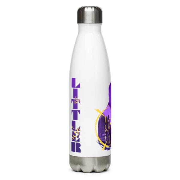 Luke Littler white stainless steel water bottle with text Luke Littler, a small silhouette and large colourful silhouette