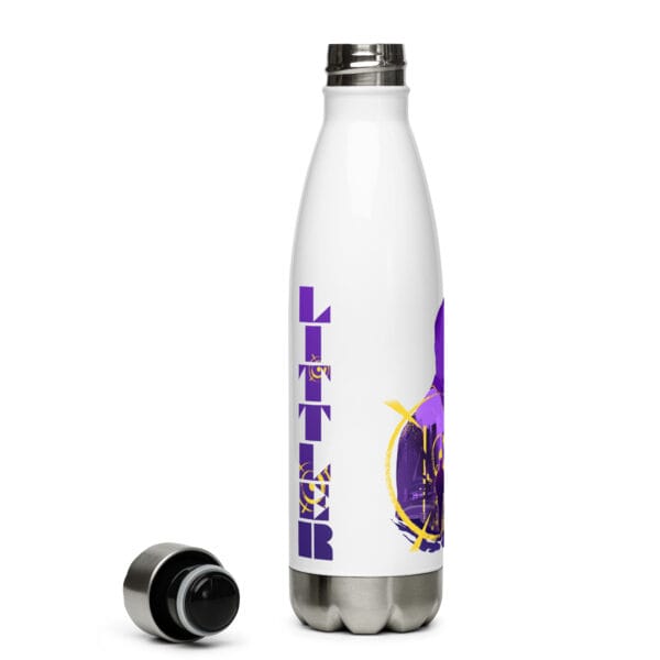 Luke Littler water bottle, stainless steel, white, with lid off, showing purple text 'Littler' with yellow targets