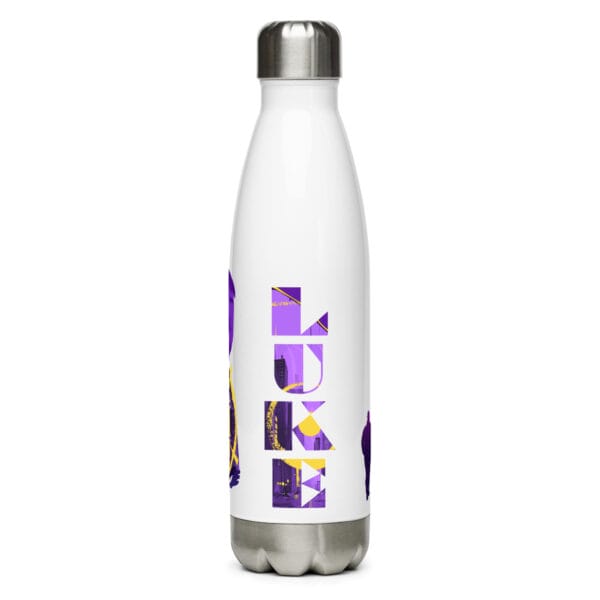 Luke Littler water bottle with large letters 'Luke' with graphics inside using colours purple and yellow