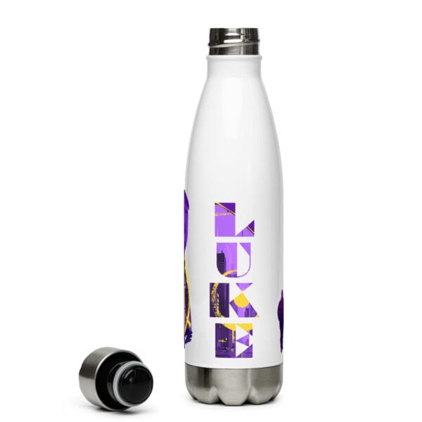 Luke Littler stainless steel water bottle, white, with lid off, showing text "Luke" filled in with graphics