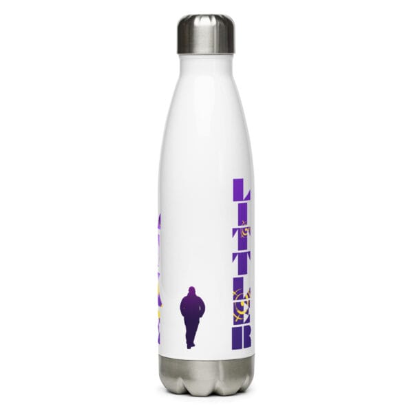 Luke Littler white stainless steel water bottle with text Luke Littler, a small silhouette and large colourful silhouette