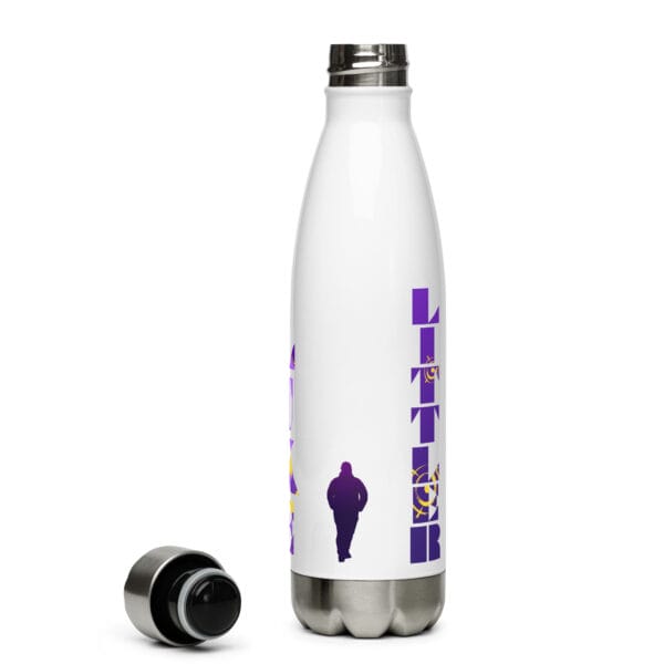 Luke Littler water bottle, stainless steel, white, with lid off, showing small Littler silhouette