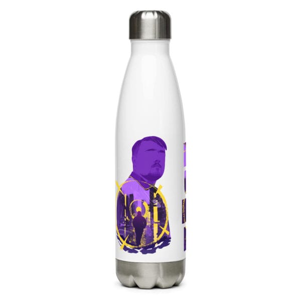 Luke Littler water bottle large colourful silhouette of Littler in purple and yellow