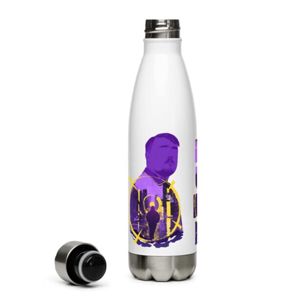 Luke Littler water bottle, stainless steel, white, with lid off, showing a large colourful silhouette