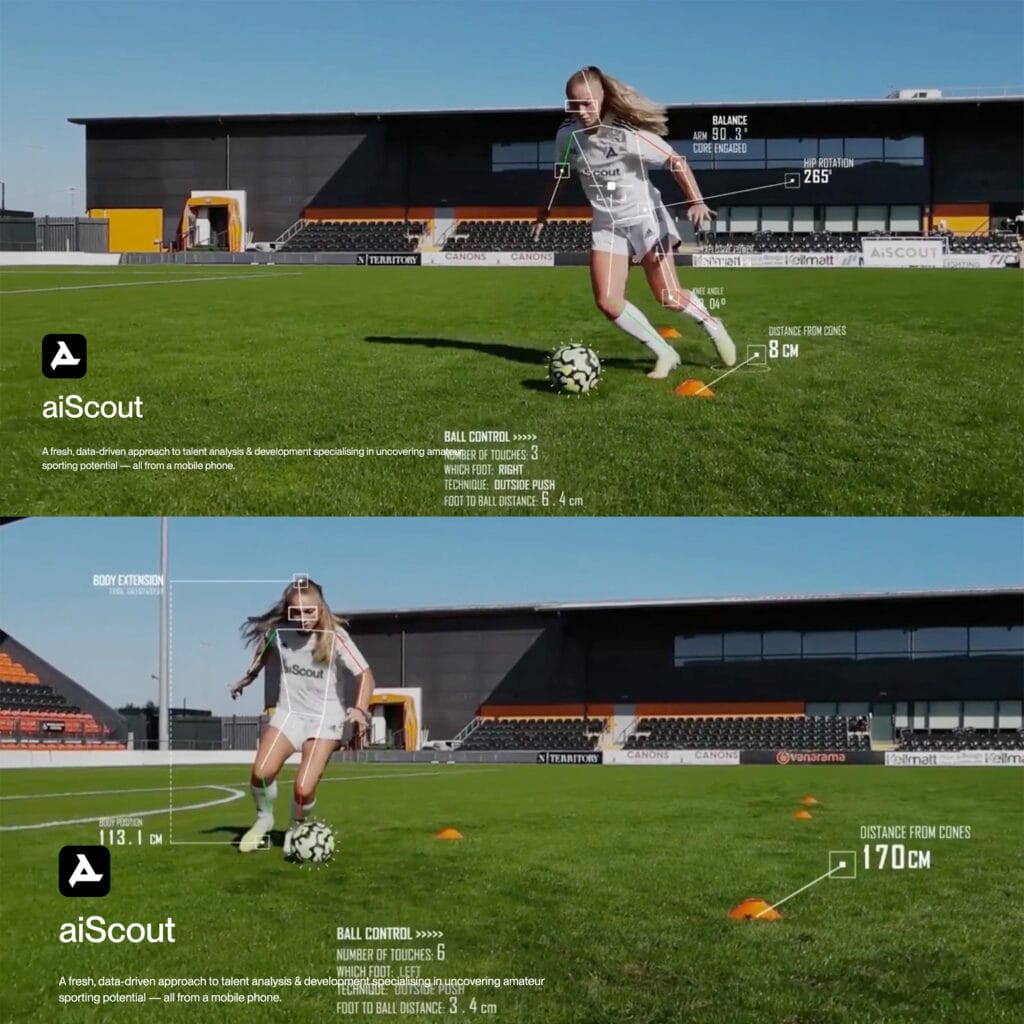 Two images of a young women dribbling a ball around cones with many data points being measured