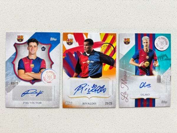 FC Barcelona three sport trading cards from the front, autographs from Victor, Rivaldo and Olmo