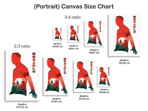 cristiano ronaldo white portrait canvas print mockup of all the different sizes available