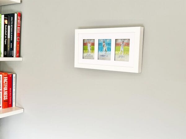 England cricket memorabilia white display case hanging from wall, autographs from Trott, Flintoff and Broad
