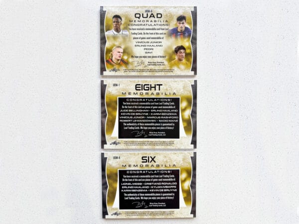 Football memorabilia, three sports trading cards from back, 18 game-worn relics, including Messi, Ronaldo, Haaland