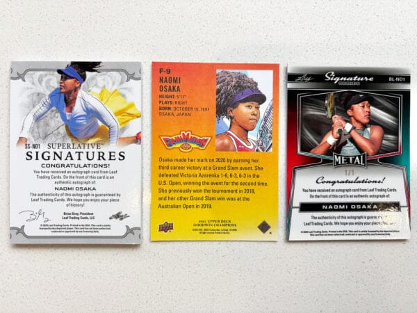 Osaka three sports trading cards from the back