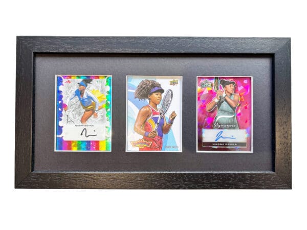 Naomi Osaka memorabilia black display case with two Osaka autographs