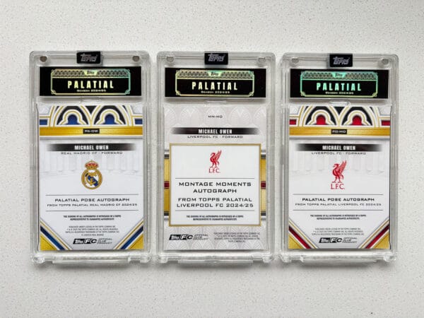 Michael Owen memorabilia, three sports trading cards from the back