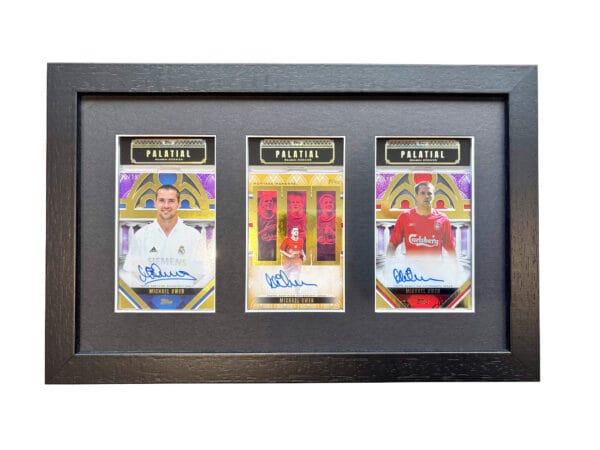 Michael Owen memorabilia display case, three autographs from Owen, including rare 1 of 1