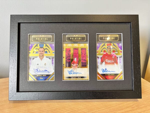 Michael Owen memorabilia display case on beside table, three autographs from Owen, including rare 1 of 1