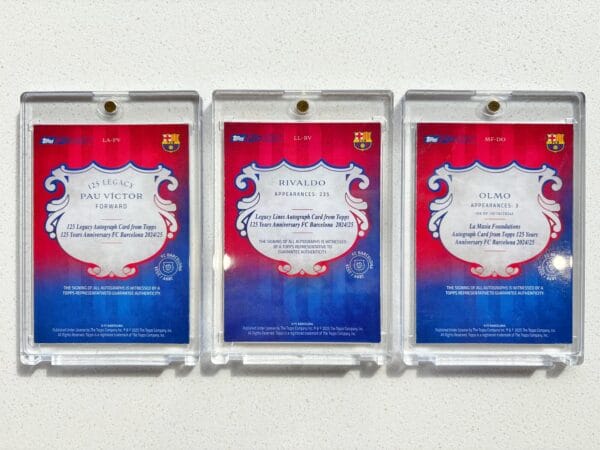 FC Barcelona three sport trading cards from the back, autographs from Victor, Rivaldo and Olmo