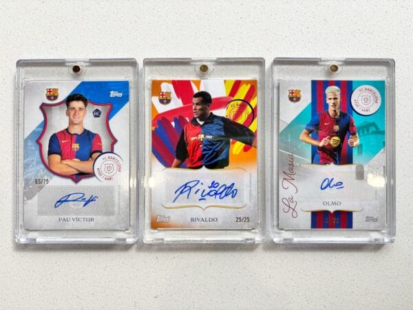 FC Barcelona three sport trading cards from the front with autographs from Victor, Rivaldo and Olmo