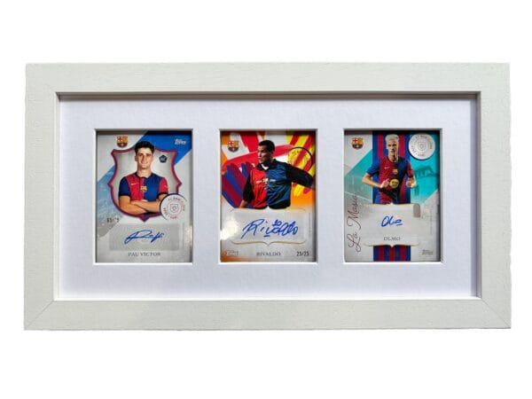 Barcelona 125th Anniversary memorabilia display, white frame, three autographs from Victor, Rivaldo and Olmo