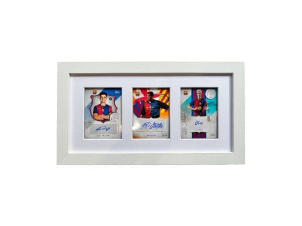 Barcelona memorabilia display, white frame, three autographs from Victor, Rivaldo and Olmo