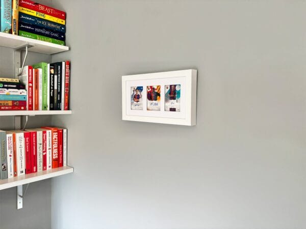 Barcelona memorabilia display, white frame, hanging on wall, three autographs from Victor, Rivaldo and Olmo