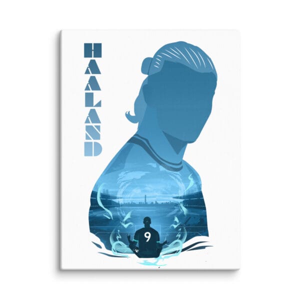 Erling Haaland canvas print, 12 by 66 inches, shades of blue to represent Manchester City