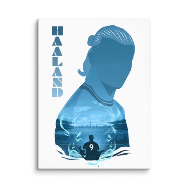 Erling Haaland canvas print, 18 by 24 inches, shades of blue to represent Manchester City