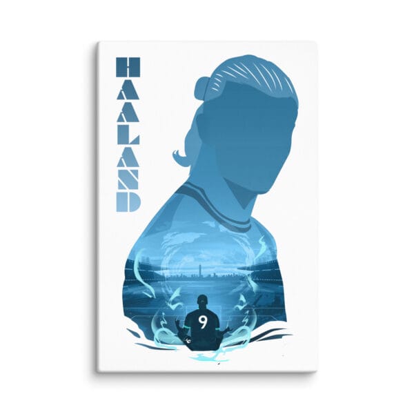 Erling Haaland canvas print, 32 by 48 inches, shades of blue to represent Manchester City