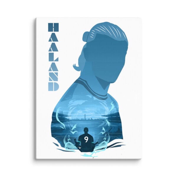 Erling Haaland canvas print, 9 by 12 inches, shades of blue to represent Manchester City