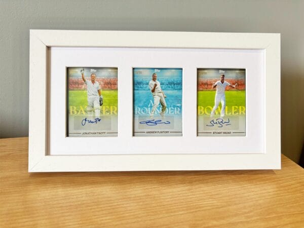 England cricket memorabilia white display case standing on bedside table, autographs from Trott, Flintoff and Broad
