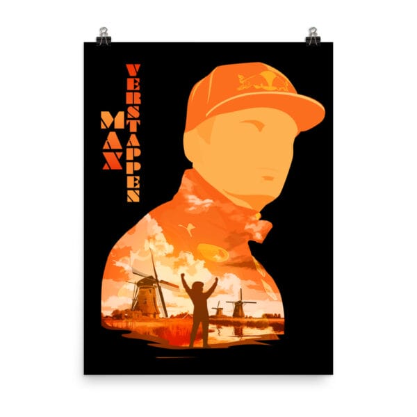Max Verstappen poster on enhanced matte paper, 18 by 24 inches, Verstappen silhouette, orange colours