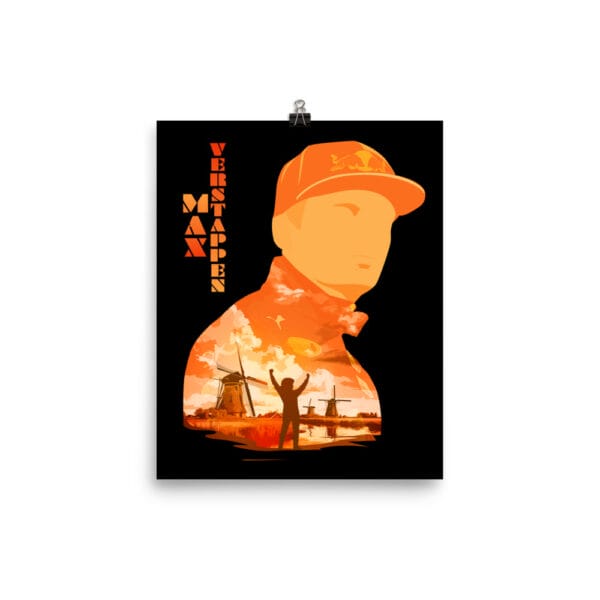 Max Verstappen poster on enhanced matte paper, 8 by 10 inches, Verstappen silhouette, orange colours