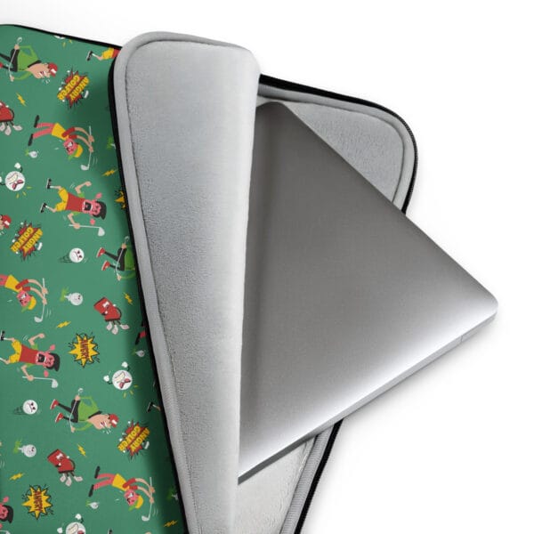 Open Angry golfer laptop sleeve, 13 inch, at corner with zips, with laptop poking out