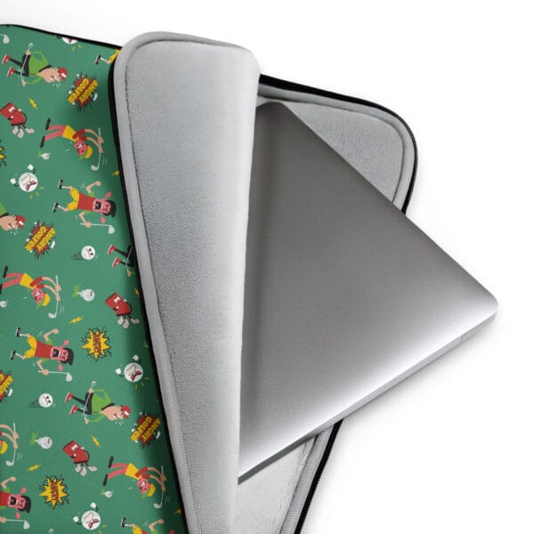 Open Angry golfer laptop sleeve, 15 inch, at corner with zips, with laptop poking out