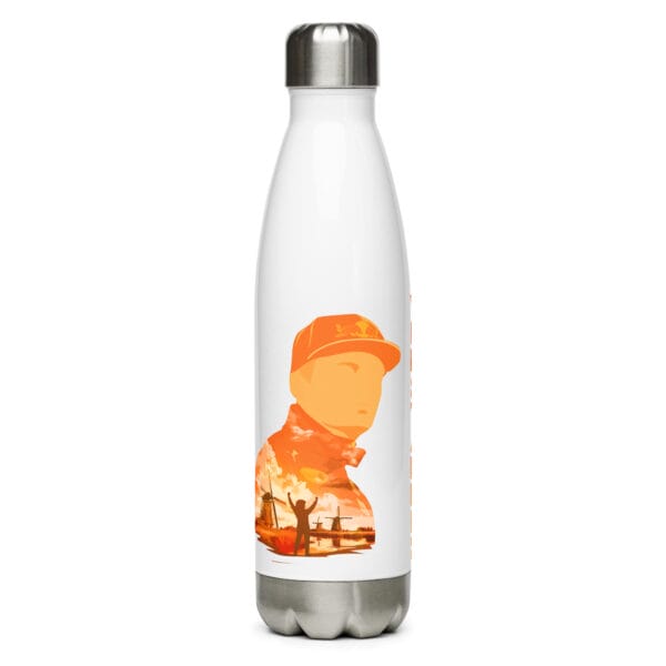 Max verstappen stainless steel water bottle with lid on, showing colourful Verstappen silhouette