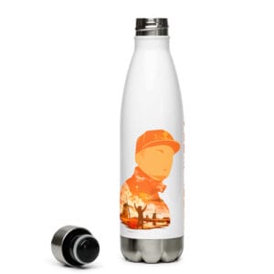 Max verstappen stainless steel water bottle with lid off, showing colourful silhouette