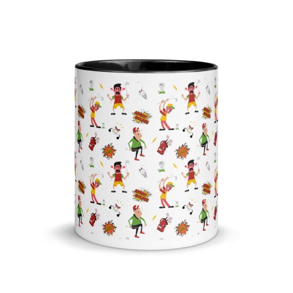 angry golfer white 11oz ceramic mug with black colour inside and handle, illustrated pattern of angry golfers going mad