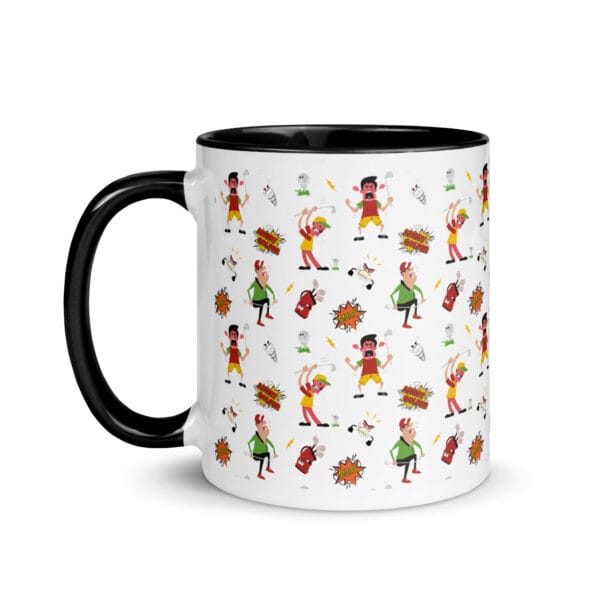 angry golfer white 11oz ceramic mug with black colour inside and handle, illustrated pattern of angry golfers going mad