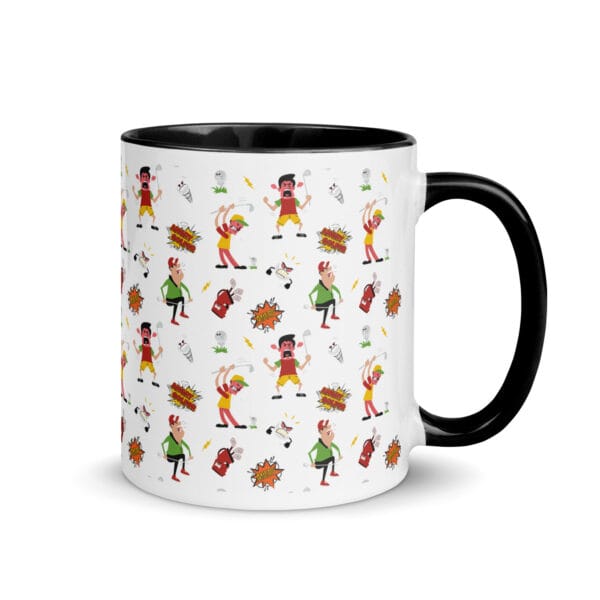 angry golfer white 11oz ceramic mug with black colour inside and handle, illustrated pattern of angry golfers going mad