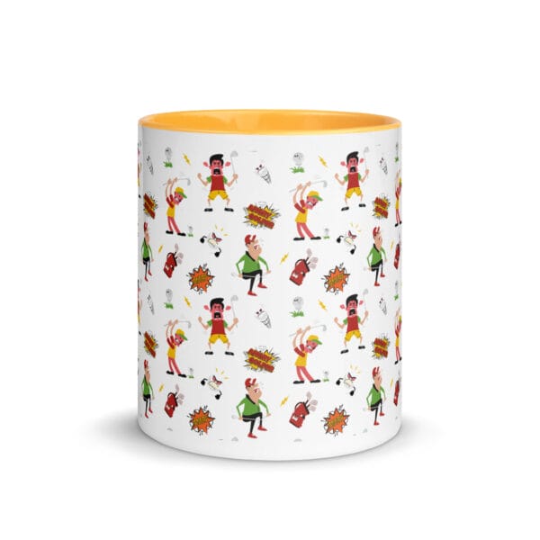 angry golfer white 11oz ceramic mug with golden yellow colour inside and handle, illustrated pattern of angry golfers going mad