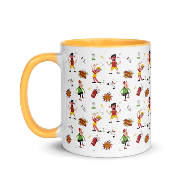 angry golfer white 11oz ceramic mug with golden yellow colour inside and handle, illustrated pattern of angry golfers going mad