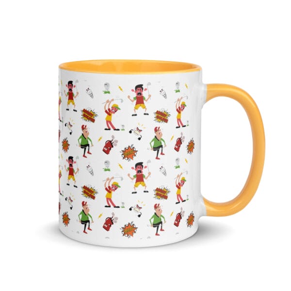 angry golfer white 11oz ceramic mug with golden yellow colour inside and handle, illustrated pattern of angry golfers going mad