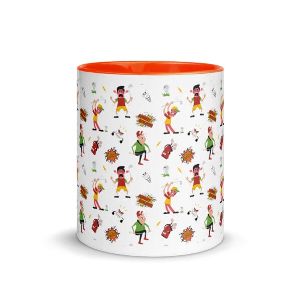 angry golfer white 11oz ceramic mug with orange colour inside and handle, illustrated pattern of angry golfers going mad