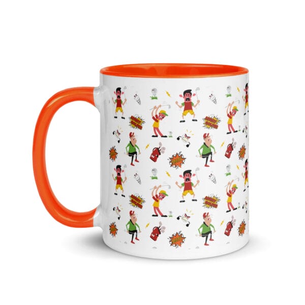 angry golfer white 11oz ceramic mug with orange colour inside and handle, illustrated pattern of angry golfers going mad