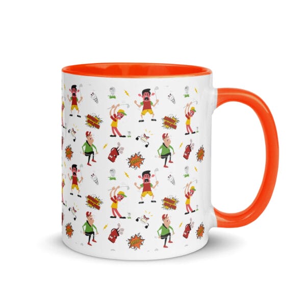 angry golfer white 11oz ceramic mug with orange colour inside and handle, illustrated pattern of angry golfers going mad