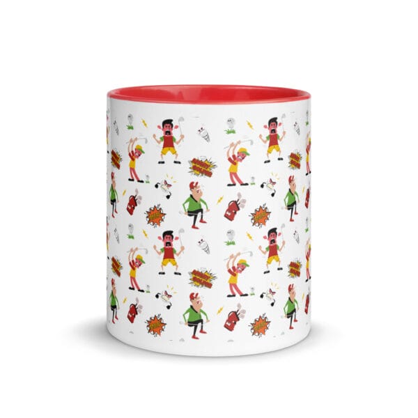 angry golfer white 11oz ceramic mug with red colour inside and handle, illustrated pattern of angry golfers going mad
