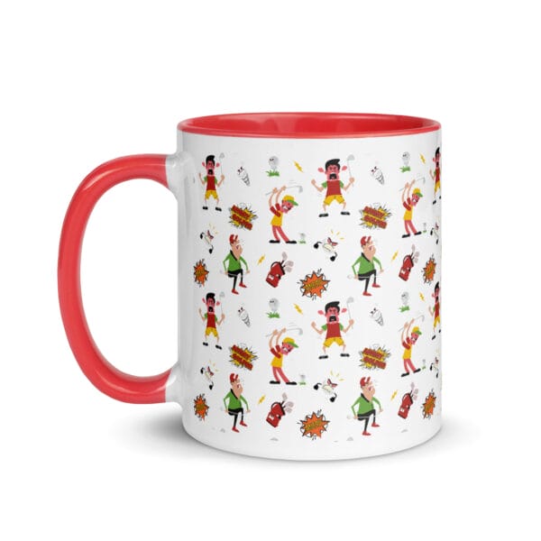 angry golfer white 11oz ceramic mug with red colour inside and handle, illustrated pattern of angry golfers going mad