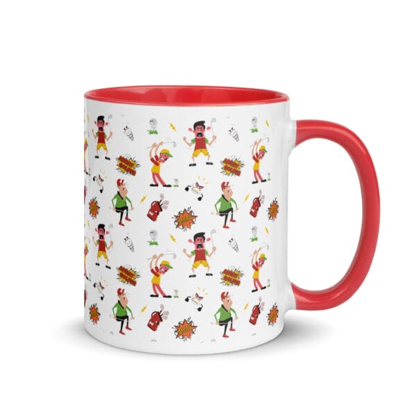 angry golfer white 11oz ceramic mug with red colour inside and handle, illustrated pattern of angry golfers going mad