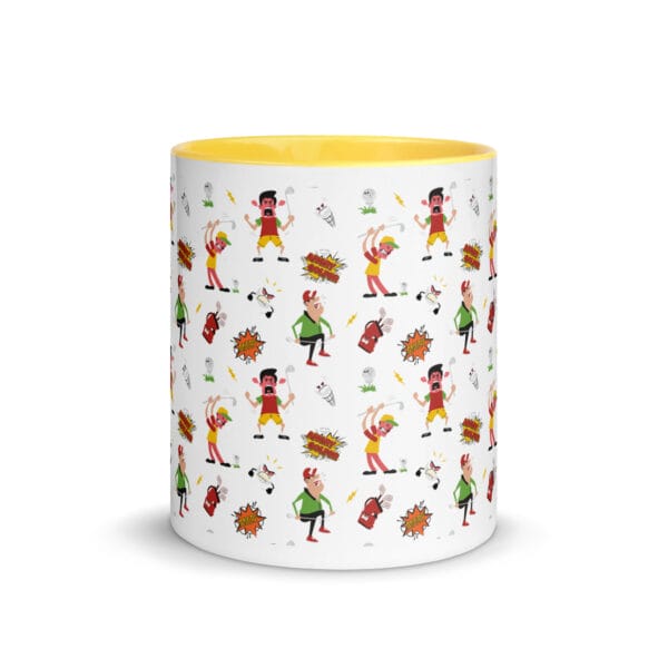 angry golfer white ceramic mug with yellow colour inside and handle, illustrated pattern of angry golfers going mad